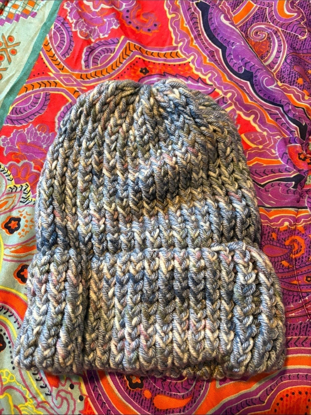 Chunky Knit Beanie in Gray & Multicolor Like New